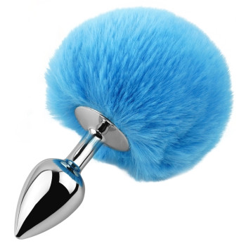Анальна пробка з хвостом EGZO - Bunny Tail Silver Plug Blue, size S
