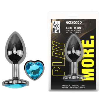 Анальна пробка з кристалом EGZO - Dark Silver Heart Plug Aqua size S