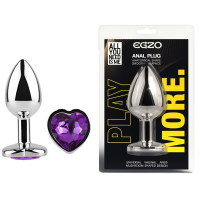 Анальная пробка с кристаллом EGZO - Silver Heart Plug Purple size S