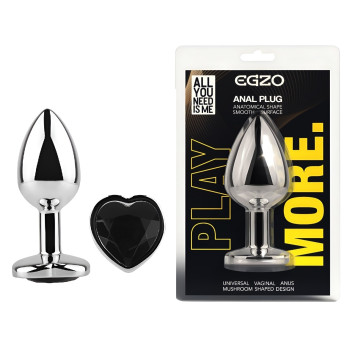 Анальна пробка з кристалом EGZO - Silver Heart Plug Black size S