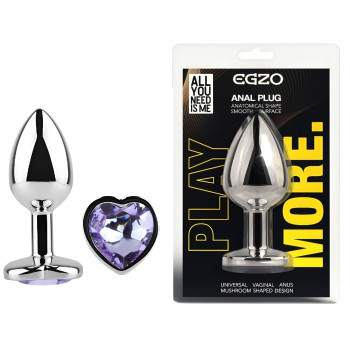 Анальная пробка с кристаллом EGZO - Silver Heart Plug Amethyst size S