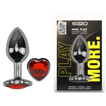 Анальна пробка з кристалом EGZO - Dark Silver Heart Plug Red size M