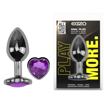 Анальна пробка з кристалом EGZO - Dark Silver Heart Plug Purple size M