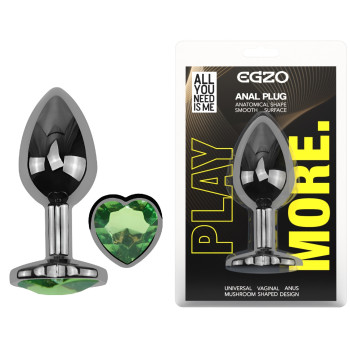 Анальна пробка з кристалом EGZO - Dark Silver Heart Plug Green size M