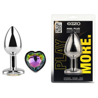 Анальна пробка з кристалом EGZO - Silver Heart Plug Rainbow size M