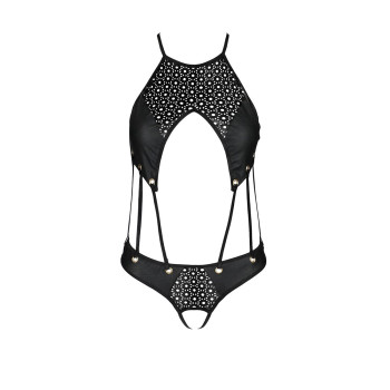 Боди с открытым доступом Passion TASMINA BODY S/M, black, экокожа, шнуровки, ажурные кружева