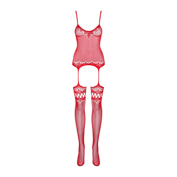 Бодістокінг Obsessive Bodystocking F214 red S/M/L, імітація корсета та панчіх на підв’язках