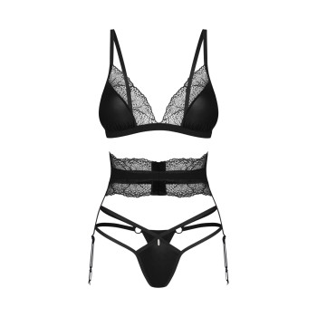 Комплект Obsessive Lobellis 3-pcs set, XS/S, чорний, ліф з м’якою чашкою, стрінги, пояс для панчіх