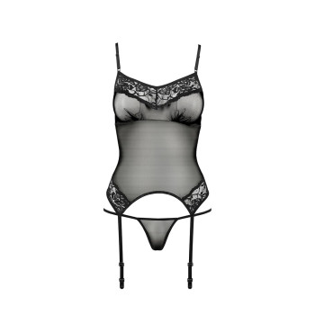 Корсет с пажами Passion MELANIA CORSET S/M, black, трусики, полупрозрачный