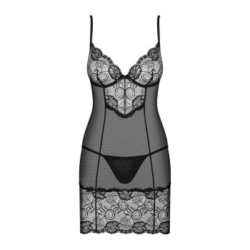Сорочка Obsessive Alluria chemise & thong, L/XL, чорна, мереживо+мікросітка, стрінги в комплекті