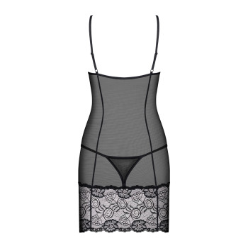Сорочка Obsessive Alluria chemise & thong, L/XL, чорна, мереживо+мікросітка, стрінги в комплекті