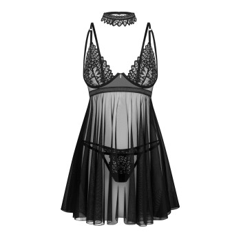 Бебі-дол Obsessive Donarella babydoll & thong, XS/S, мереживний ліф, чокер та стрінги в комплекті