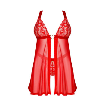 Бебі-дол Obsessive Elianes babydoll & thong, XS/S, червоний, мереживний ліф, трусики-танга в наборі