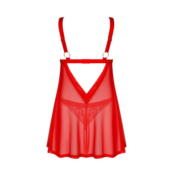 Бебі-дол Obsessive Elianes babydoll & thong, XS/S, червоний, мереживний ліф, трусики-танга в наборі