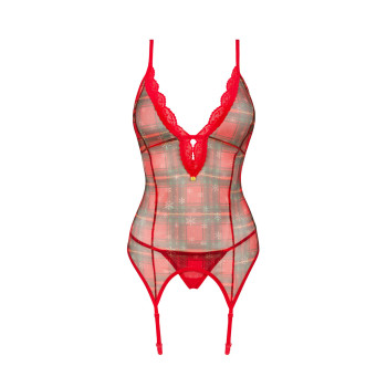 Корсет Obsessive Jollymore corset, XS/S, у клітинку, з мереживом, пажі для панчіх, стрінги в комплекті