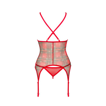 Корсет Obsessive Jollymore corset, XS/S, у клітинку, з мереживом, пажі для панчіх, стрінги в комплекті
