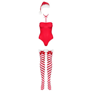Тедді Obsessive Kissmas teddy, L/XL, червоне, без бретелей, чокер, панчохи та шапка з помпоном у наборі