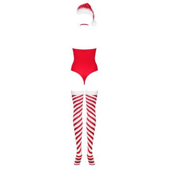 Тедді Obsessive Kissmas teddy, L/XL, червоне, без бретелей, чокер, панчохи та шапка з помпоном у наборі