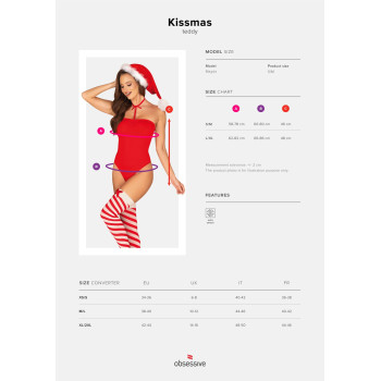 Тедді Obsessive Kissmas teddy, L/XL, червоне, без бретелей, чокер, панчохи та шапка з помпоном у наборі