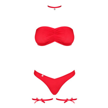 Комплект Obsessive Kissmas Set, S/M, червоний, м’який ліф, трусики зі збіркою, чокер та гартери