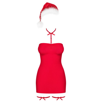Сорочка Obsessive Kissmas chemise, L/XL, червона, чокер, гартери та шапочка з помпоном у комплекті