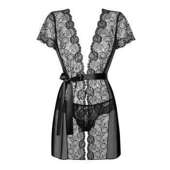 Пеньюар Obsessive Alluria peignoir & thong, S/M, прозорий, з мереживом, пояс, трусики в комплекті