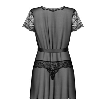 Пеньюар Obsessive Alluria peignoir & thong, S/M, прозорий, з мереживом, пояс, трусики в комплекті