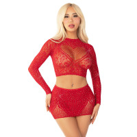 Блестящий комплект кроп-топ и юбка Leg Avenue Rhinestone One Size, Red, длинный рукав