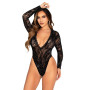 Боді зі стразами Rhinestone Lace Deep-V Bodysuit One Size, Black, глибоке декольте, довгий рукав