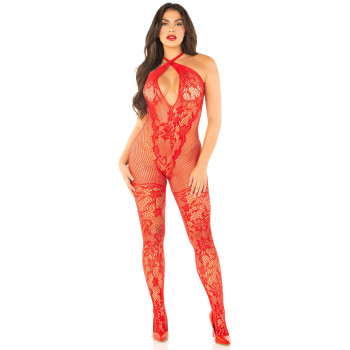 Бодістокінг з глибоким декольте Leg Avenue Seamless Net and Lace Lingerie Jumpsuit One Size, Red