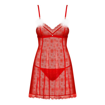 Новорічна сорочка Obsessive Claussica L/XL, червона, прозора з візерунком, стрінги в комплекті