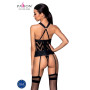 Сетчатый комплект с узором Passion HIMA CORSET L/XL, black, корсет с халтером, подвязки, трусики