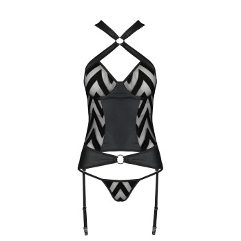 Сетчатый комплект с узором Passion HIMA CORSET L/XL, black, корсет с халтером, подвязки, трусики