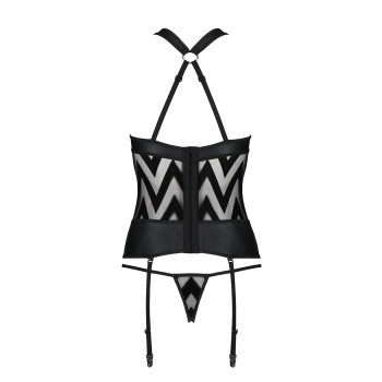 Сетчатый комплект с узором Passion HIMA CORSET L/XL, black, корсет с халтером, подвязки, трусики