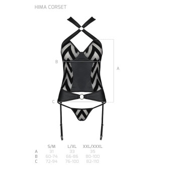 Сетчатый комплект с узором Passion HIMA CORSET L/XL, black, корсет с халтером, подвязки, трусики