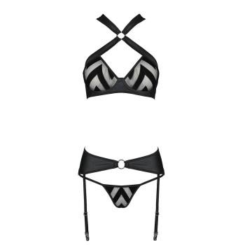 Сетчатый набор с узором, бюстгальтер, трусики, пояс для чулок Passion HIMA SET L/XL black
