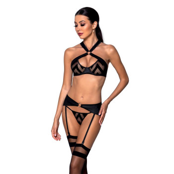 Сетчатый набор с узором, бюстгальтер, трусики, пояс для чулок Passion HIMA SET XXL/XXXL black