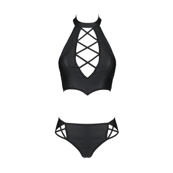 Комплект з еко-шкіри Passion NANCY BIKINI XXL/XXXL, black, бра та трусики з імітацією шнурівки