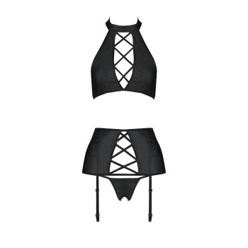 Комплект из эко-кожи с имитацией шнуровки Passion NANCY SET L/XL black, топ, трусики, пояс для чулок