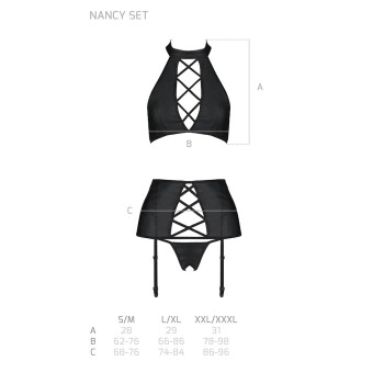 Комплект из эко-кожи с имитацией шнуровки Passion NANCY SET L/XL black, топ, трусики, пояс для чулок