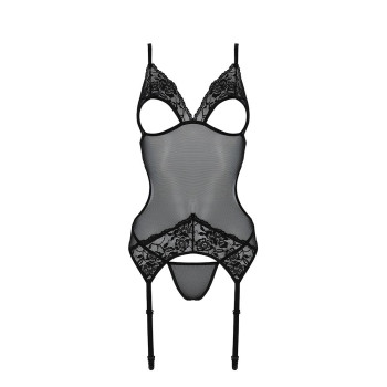 Корсет с подвязками и ажурным лифом Passion CHRISTA CORSET S/M, black, стринги в комплекте