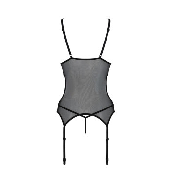 Корсет с подвязками и ажурным лифом Passion CHRISTA CORSET S/M, black, стринги в комплекте