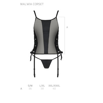 Сетчатый корсет с люверсами и съемными пажами Passion MALWIA CORSET 2XL/3XL black, эко-кожа, стринги