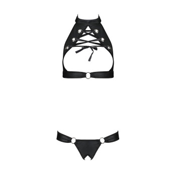 Комплект, открытый топ и трусики из эко-кожи с люверсами Passion MALWIA SET with Open Bra L/XL black