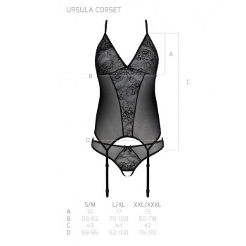 Корсет с пажами, трусики с ажурным декором и открытым шагом Passion URSULA CORSET L/XL, black