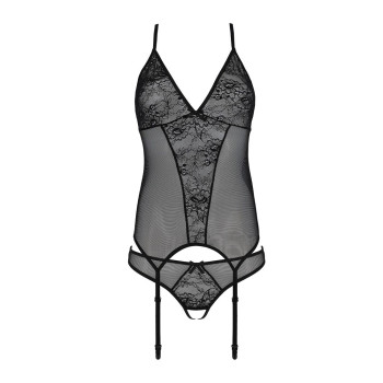 Корсет с пажами, трусики с ажурным декором и открытым шагом Passion URSULA CORSET S/M, black