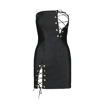Мінісукня з екошкіри Passion CELINE CHEMISE L/XL, black, шнурівка, трусики в комплекті