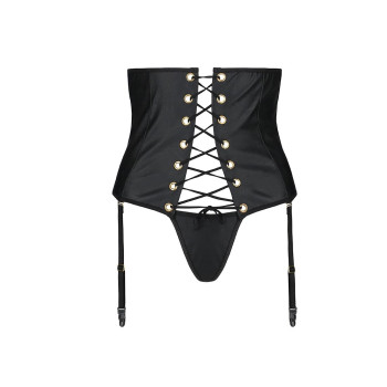 Пояс-корсет з екошкіри Passion CELINE SET L/XL, black, шнурівка, знімні пажі для панчіх, стрінги