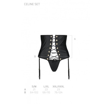 Пояс-корсет з екошкіри Passion CELINE SET L/XL, black, шнурівка, знімні пажі для панчіх, стрінги