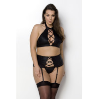 Комплект из экокожи Passion NANCY SET 4XL/5XL black, имитация шнуровки, топ, пояс для чулок